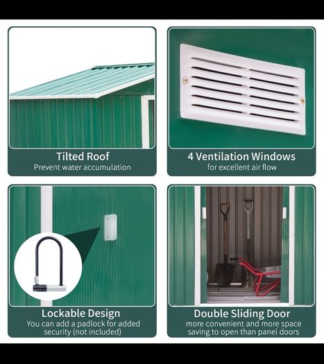 NEW SALE | 7ft x 4ft Lockable Garden Shed Large Patio Roofed Tool Metal Storage Building Foundation Sheds Box Outdoor Furniture, Green