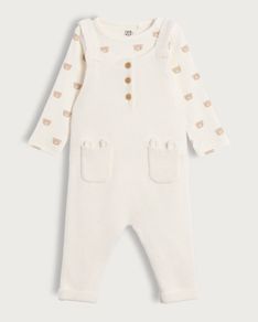 Brand New Baby Bear Bodysuit and Knitted Dungaree Set in White