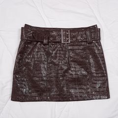 Miss Selfridge Dark Brown Faux Leather Croc Embossed Belted Mini Skirt 8UK/36EU