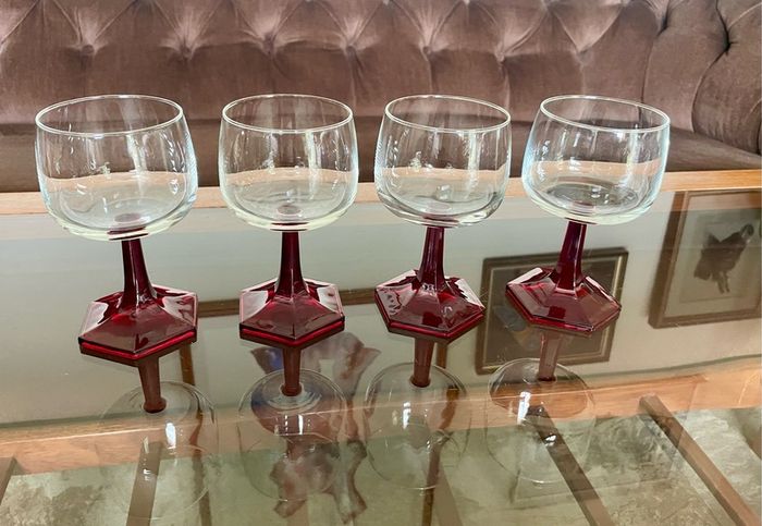 Vintage Luminarc Ruby Red Wine Glass Hexagonal Base Made in France