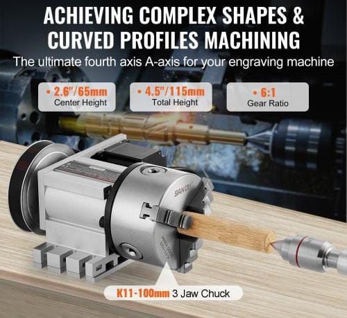 Dividing Head, K11-100mm 3-Jaw Chuck, CNC Router Milling Machine Rotational Axis 4th Axis A Axis Indexing Head, 66 mm(2.6")/65 mm Center Height MT2 Tailstock 6:1 Gear Ratio, Universal for Engraving
