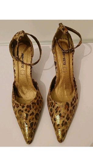 Jinrei Gold Leopard Print Pointed Toe Ankle Strap Heels EU36 UK3 New Boxed  CAN POST