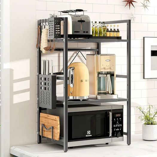 Expandable Microwave Shelf,3-Tier Microwave Stand,Black Adjustable Kitchen storage & Organisation, Heavy Duty Microwave Rack with Knife Holder, Cutlery Box & Cutting Board Rack