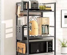 Expandable Microwave Shelf,3-Tier Microwave Stand,Black Adjustable Kitchen storage & Organisation, Heavy Duty Microwave Rack with Knife Holder, Cutlery Box & Cutting Board Rack