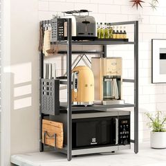 Expandable Microwave Shelf,3-Tier Microwave Stand,Black Adjustable Kitchen storage & Organisation, Heavy Duty Microwave Rack with Knife Holder, Cutlery Box & Cutting Board Rack