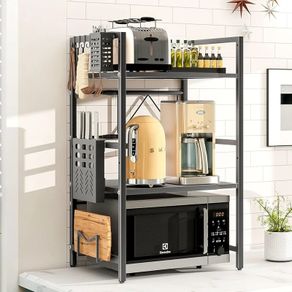 Expandable Microwave Shelf,3-Tier Microwave Stand,Black Adjustable Kitchen storage & Organisation, Heavy Duty Microwave Rack with Knife Holder, Cutlery Box & Cutting Board Rack