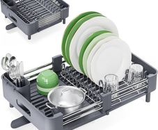 Dish Drainer Rack - Extendable Dish Rack, Stainless Steel Dish Drainer for Kitchen Counter, Draining Board Rack with Removable Cutlery Holder, Gray