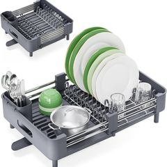 Dish Drainer Rack - Extendable Dish Rack, Stainless Steel Dish Drainer for Kitchen Counter, Draining Board Rack with Removable Cutlery Holder, Gray