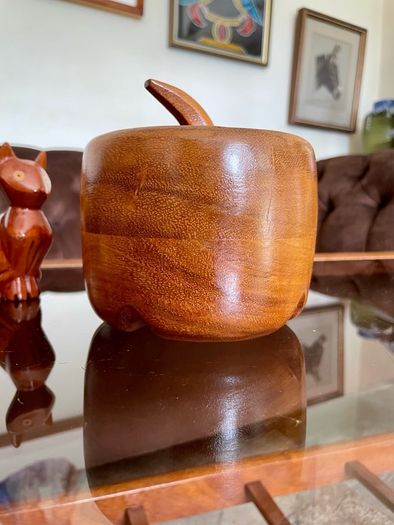 Vintage Apple Shaped Wood Jar Container Round Wooden Box 1960s 70s