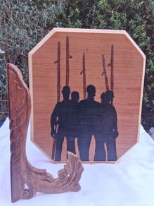 Hand Carved Wooden Pikemen Plaque and Matching Stand