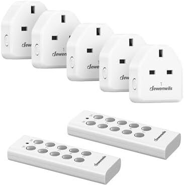DEWENWILS Wireless Remote Control Sockets, 13A 3120W Heavy Duty Remote Switch, 30M Control Range, Programmable Remote Plug for Vacs, 5 Sockets and 2 Remotes