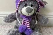 Huggables Teddy Bear Plush Grey Purple hat approx 25 cm. Please see pictures