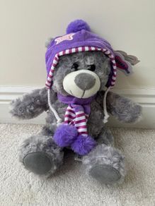 Huggables Teddy Bear Plush Grey Purple hat approx 25 cm. Please see pictures