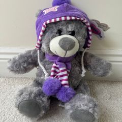 Huggables Teddy Bear Plush Grey Purple hat approx 25 cm. Please see pictures