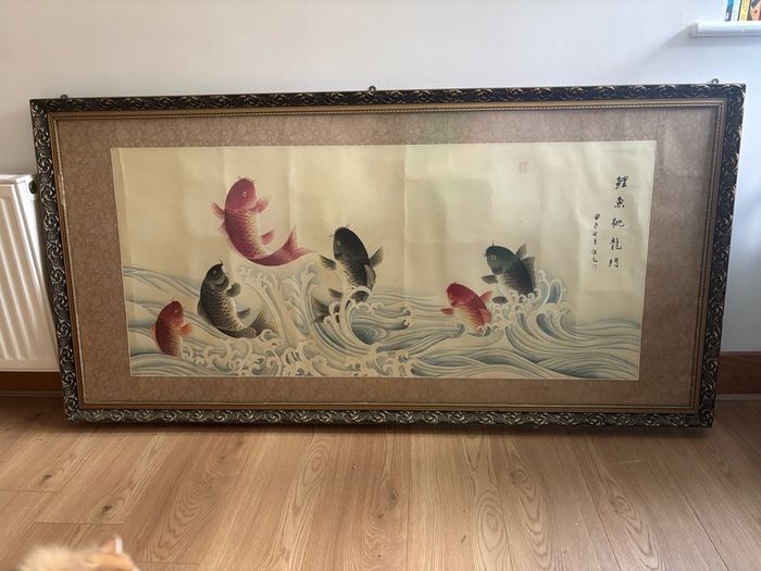 Very Large Vintage "The Carp Jumps Over the Dragon Gate" Painting on Silk