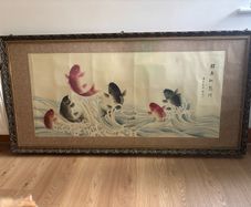 Very Large Vintage "The Carp Jumps Over the Dragon Gate" Painting on Silk