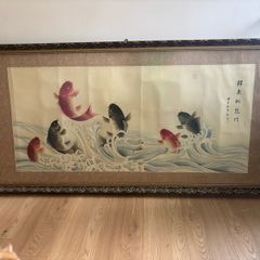 Very Large Vintage "The Carp Jumps Over the Dragon Gate" Painting on Silk