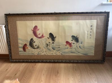 Very Large Vintage "The Carp Jumps Over the Dragon Gate" Painting on Silk