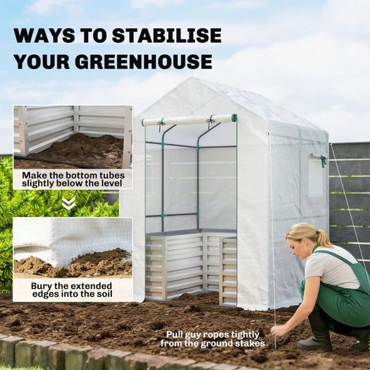 Tomato Greenhouse Film Greenhouse with Raised Bed Roll-up Door Window Sloped Roof 141 x 141 x 190 cm White