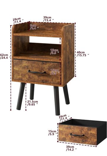 Bedside Table Set of 2, Nightstand, Side Table, Wooden Sofa End Table with Fabric Drawer, Open Shelf, Solid Wood Legs, 39x29x63 cm, for Bedroom, Living Room, Rustic Brown