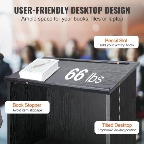 Podium Stand, 119 cm Hostess Stand with 4 Rolling Wheels, Wood Podium with Storage Shelves, and Slant Desktop