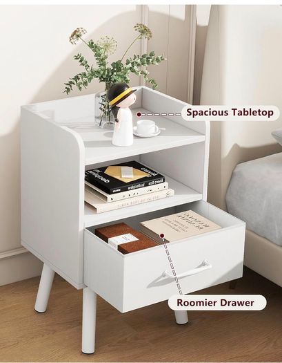 Bedside Table Set of 2, Nightstand, Side Table, Wooden Sofa End Table with Fabric Drawer, Open Shelf, Solid Wood Legs, 39x29x63 cm, for Bedroom, Living Room, White