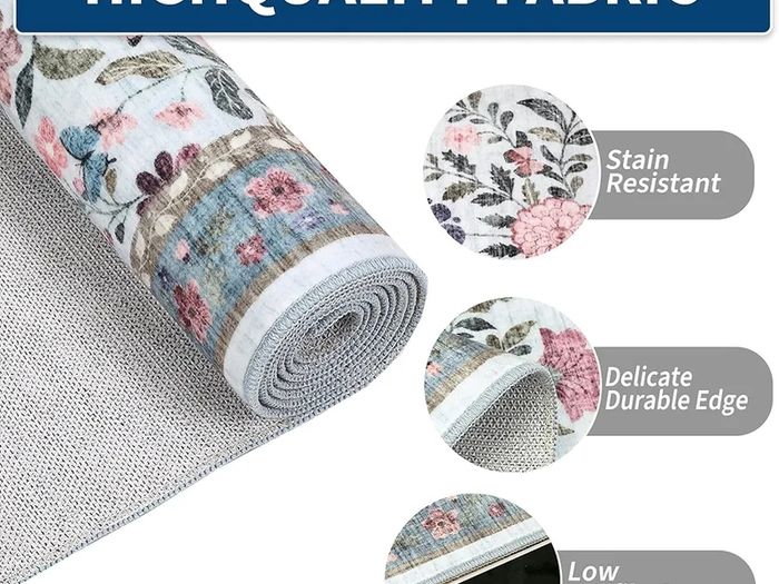 Hallway Runner Rug 60x180 cm, Floral Bedside Rugs Bedroom, Washable Farmhouse Carpet for Living Room, Low Pile Foldable Floor Mat for Kitchen, Blue