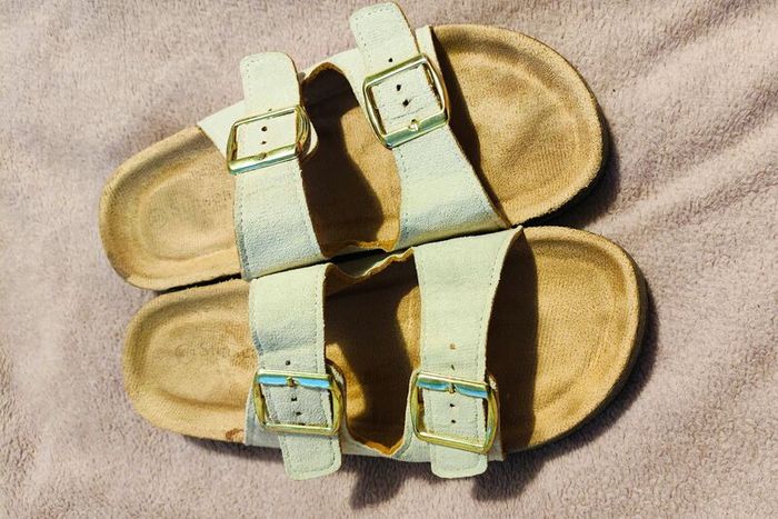 White and cream leather sandals with gold buckles size 40