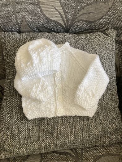 Hand knit cardigan and hat 0 to3 mths
