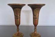 2 Vintage Brass Flower Vases Etched and Painted  Made In India 22cm tall