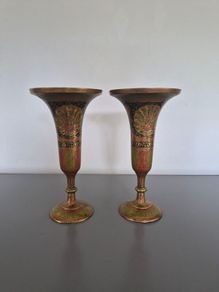2 Vintage Brass Flower Vases Etched and Painted  Made In India 22cm tall