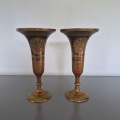 2 Vintage Brass Flower Vases Etched and Painted  Made In India 22cm tall