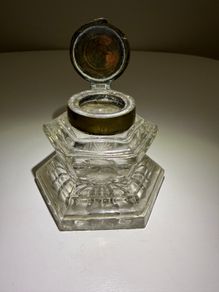 Antique glass inkwell - brass lid