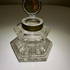 Antique glass inkwell - brass lid