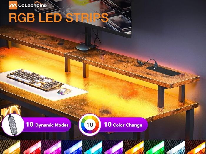 Gaming Desk with LED Lights 120x50 cm Computer Power Outlets PC Table Monitor Stand Storage Shelves CPU Vintage Brown