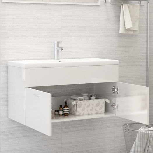 Sink Cabinet with Built-in Basin High Gloss White Chipboard