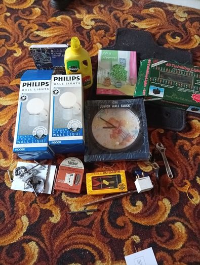 Garage & Household Clearance Job Lot. Vintage Lights, Darts, Clock & Storage Tub