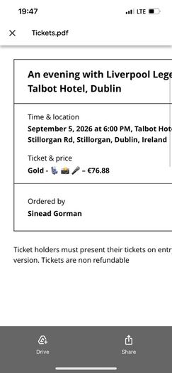tickets for Liverpool legends, Dublin
