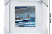 Poolbeg Lighthouse &amp; Waves, Dublin, 4x4in framed print by artist Helen Mathews
