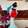 Vintage MCM Geisha Black Hair Red Obi Light Blue Pink Gold Holding a Fan 18 cm Image 5