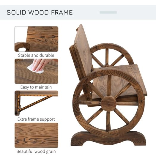 Wooden Cart Wagon Wheel 2 Seater Garden Bench Outdoor Chair Rustic High Back Loveseat Burnt Stained