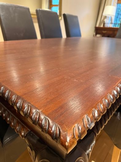 Exquisite Hand-Carved Dining Table & 8 Leather Dining Chairs