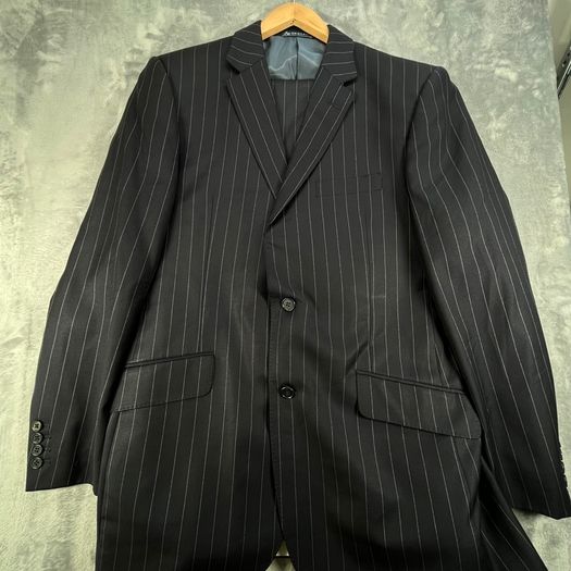 Samuel Windsor Mens Pinstripe Wool Suit 40R W36 Navy Stripe Classic Fit