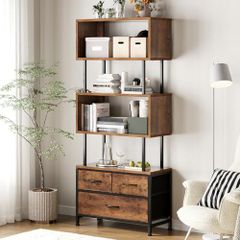Vintage Bookcase,Shelf with 5 Levels,Standing Shelf with 3 Fabric Drawers, Shelf Slim