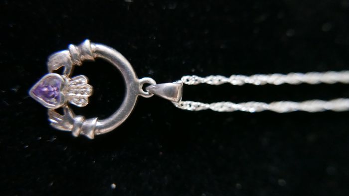 Vintage Amethyst Claddagh Irish Symbol, 925 Sterling Silver Heart Crown and Hands; 925 Irish Symbol Pendant Necklace with Amethyst 18"