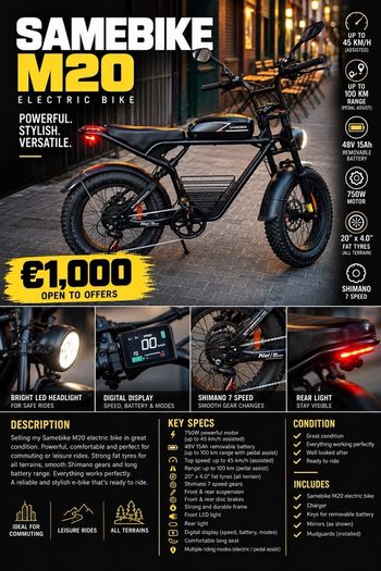 Samebike M20 750w Electric Fat Bike  48v 15ah