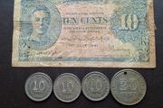 A Lot of one note and 4 coins from Malaya (1941-1956)