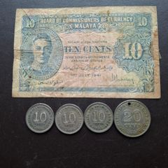 A Lot of one note and 4 coins from Malaya (1941-1956)