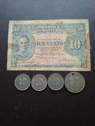 A Lot of one note and 4 coins from Malaya (1941-1956)