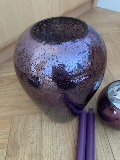Purple Vase, Tea Light Holder & Two Purple Dinner Candles
